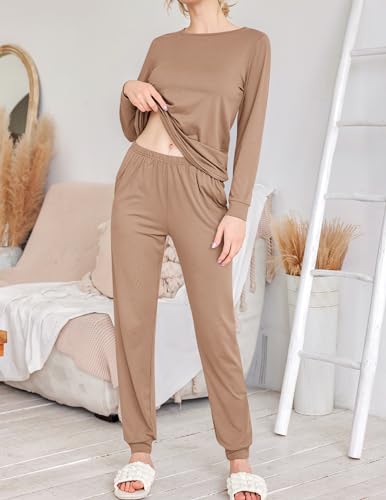 Image of Ekouaer 2 Pack Pajama Sets for Women,Long Sleeve Top With Jogger Pants Lounge Set Sleepwear with Pockets
