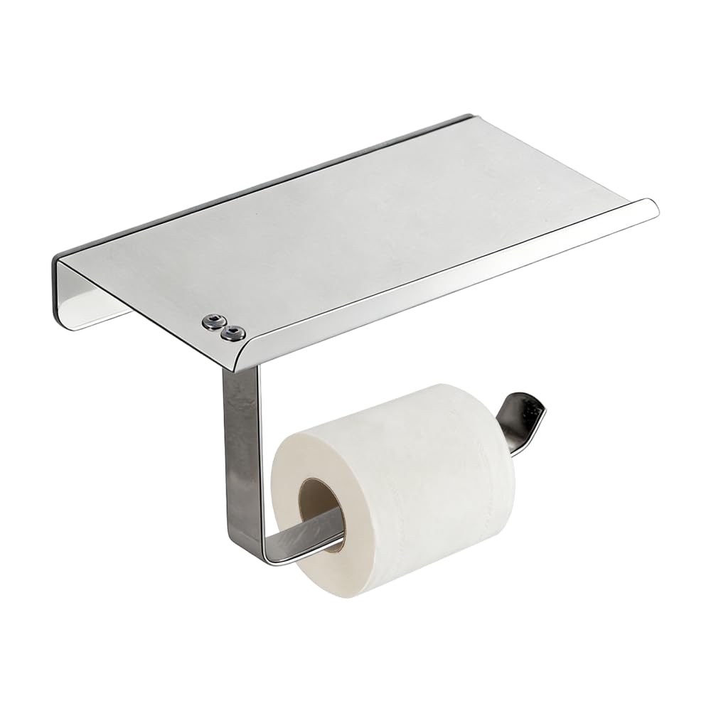 Toilet Paper Holder, Stainless Steel Wall Mounted Tissue Roll Dispenser with Shelf, Rustproof Toilet Roll Storage Wall Rack for Bathroom & Washroom