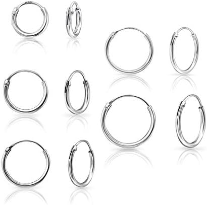 DTPsilver® Set of 5 PAIRS of VERY TINY/SMALL 925 Sterling Silver, Yellow or Rose Gold Plated Hoop/Sleeper Earring - Cartilage/Helix - Thickness 1.2 mm - Mixed Outer Diameter: 8, 10, 12, 14, 16, 18 mm