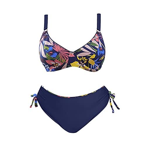 Trajes de Baño Dos Piezas Mujer Talla Grande Cintura Alta Estampado Abertura Elegante Verano (Dark Blue, L)