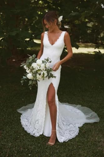Lace Appliques Wedding Dresses with Slit for Bride V Neck Mermaid Beach Bridal Gowns for Women2