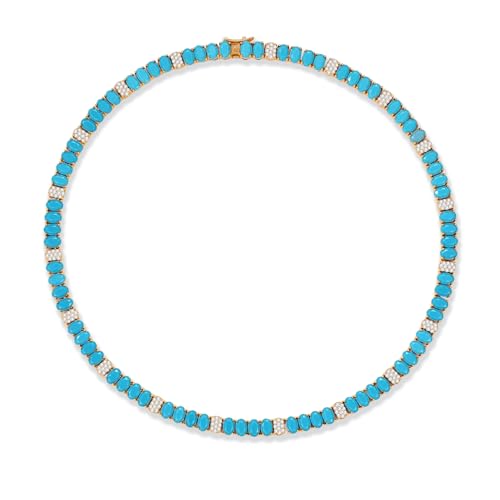 Turquoise Tennis Necklace for Women – Gold Tone Brass Chain with Sparkling CZ Accents, Summer Statement Jewelry, Retro Chic Gift for Her