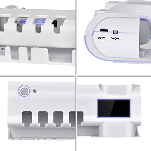 TANGXIA UV Toothbrush Sterilizer Holder, Solar Powered Rechargeable Toothbrush Sanitizer, Wall Mounted Toothbrush Organizer with Timing Function for Washroom Bathroom -10 Seconds Disinfection