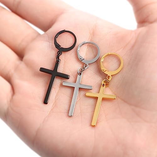 Dangle Stud Earrings,Flongo Men's Womens Stainless Steel Pearl Cross Dangle Hinged Stud Earrings,Piercing Christmas Cross Huggie Hoop Earrings Gift For Men Women Wedding Valentine's Day #TOP5