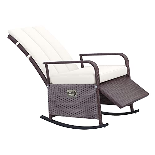 Outsunny Wicker Outdoor Rocking Chair, Patio Recliner with Adjustment Backrest, PE Rattan Lounge Chair with Adjustable Footrest and Cushions for Garden, Backyard, Porch, Beige