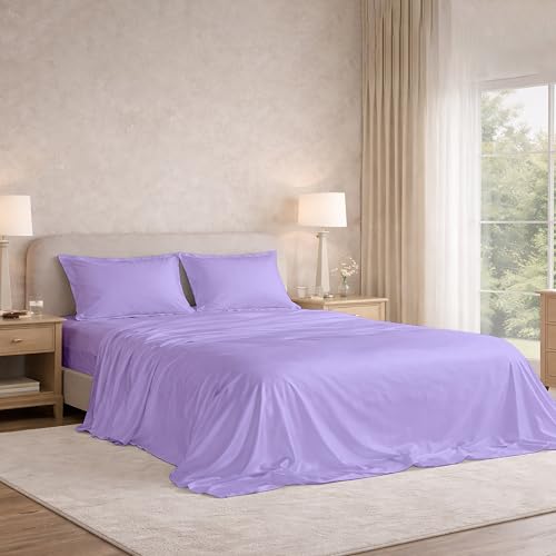 Image of Filbert Satin Bedsheet with 2 Pillow Covers | 90x100 in |300 TC | Midnight Luxe Satin Dreams Collection for Double Bed | UltraSatin Premium Bedding Set | Lavender