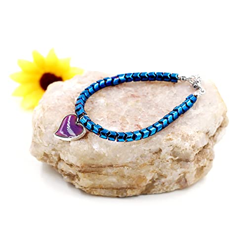 Image of A Pair of Gear-shape Hematite Bracelets with Color Changing Thermo Sensitive Mood Heart Charms, Couples Love Heart Bangles Gifts
