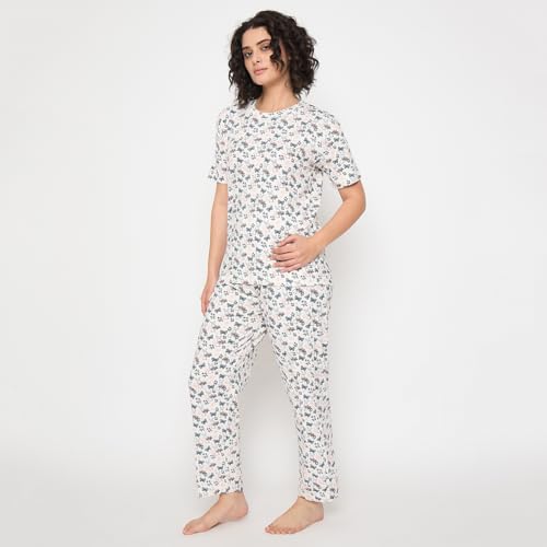 Image of CAMEY Women's Printed Pyjama Set, Short Sleeve T-Shirt and Trousers, Women Nightsuit, Loungewear Sets