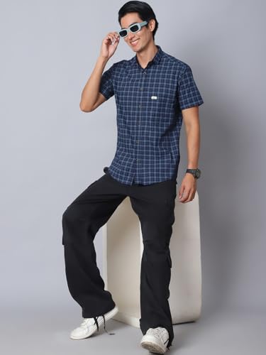 Image of Majestic Man Men Comfort Slim Fit Checked Pure Cotton Half Sleeve Casual Shirt