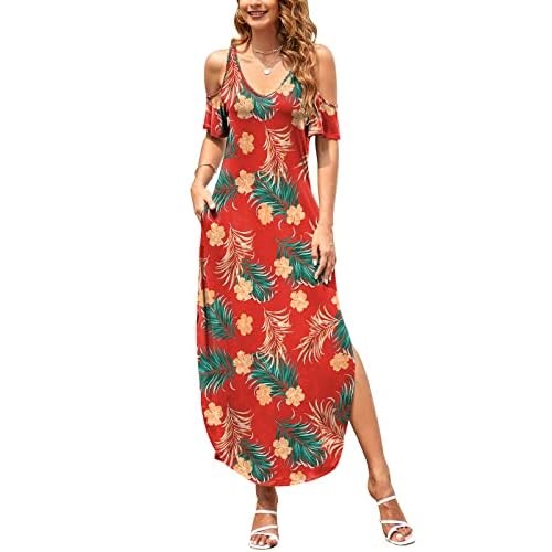 HUSKARY Women's Summer Maxi Dresses 2026 Trendy V Neck Cold Shoulder Short Sleeve Casual Loose Long Split Dress with Pockets