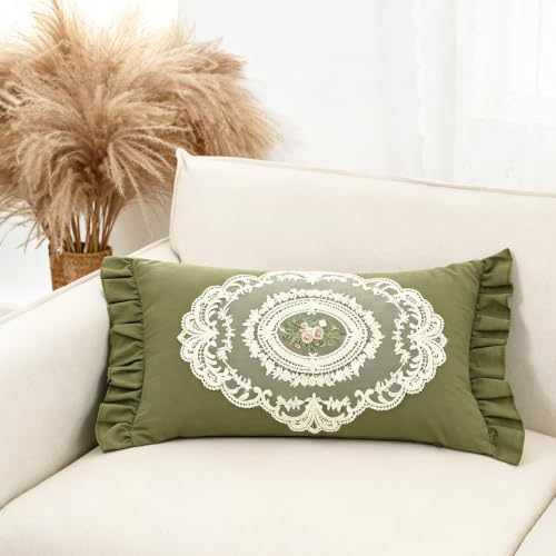 Image of Floral Lace Embroidery Ruffle Cotton Throw Pillow Cover Green 12"x20"