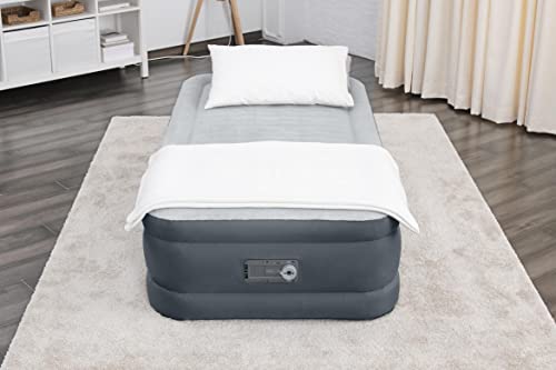 SleepLux Twin Air Mattress | Supersoft Snugable Top, Extra Durable Tough Guard with Built-in Pillow | Raised 18' Airbed with Built in Pump + USB Charger (69086E) , Grey