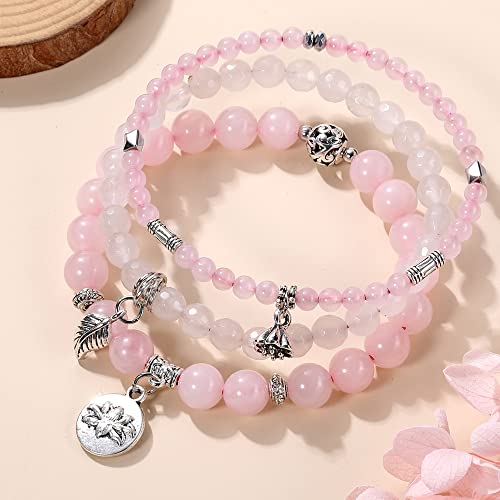 Top Plaza Healing Crystal Stone Rose Quartz White Jade Beads Stretch Bracelets Set Chakra Yoga Reiki Gemstone Beaded Bracelet Lotus Leaves Charm Jewelry For Womens #TOP1