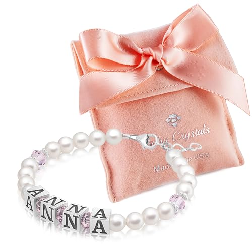 Personalized Baby Gifts, Mommy and Me Matching Birthstone Bracelet, Sterling Silver Alphabet Beads with your Name, White Pearl Bracelets for Girls, Birthstone Jewelry Baptism Gifts for a Birthday Girl