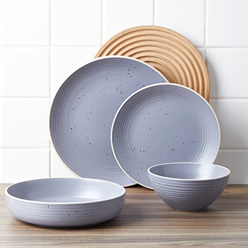 Image of Stone Lain Lauren Stoneware, Rustic Plates and Bowls Set, Dinnerware, Service for 4, Speckled Light Gray, Dishwasher & Microwave Safe, 16-Piece