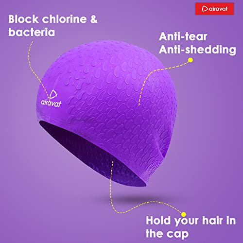 Image of Airavat Swim Bubble Cap, Silicone Swim Cap, Comfortable Bathing Cap Ideal for Curly Short Medium Long Hair, Swimming Cap for Women and Men (Purple)