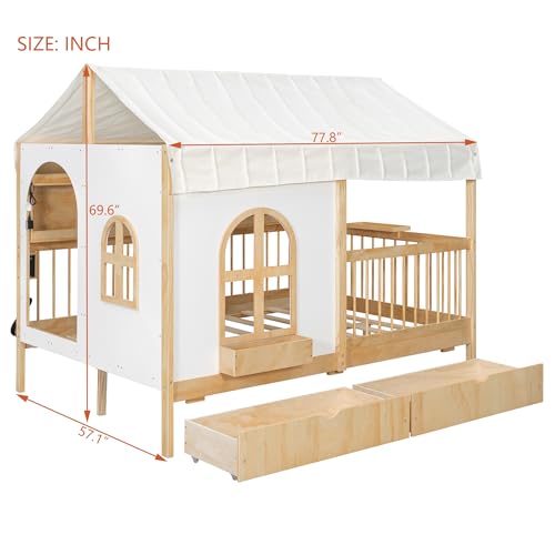 Image of Full Size House Bed with 2 Large Drawers & LED Strip Natural-T | Side Bookshelf, Cozy Reading Nook & Playhouse for Boys & Girls