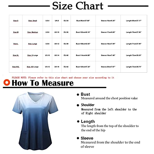 Easter Scrub Tops Women Nurse Working Uniform Printed Medical Scrub Top Short Sleeve V-Neck Tops Printing Pocket Blouse Tops Blue #TOP3
