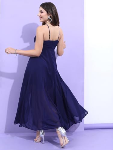 Image of Tokyo Talkies Women's Halter Neck Flowy Maxi Dress | Cinched Waist | Elegant & Airy Silhouette for a Breezy, Effortless Look