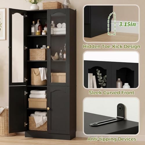 Image of Cyclysio 80 inch Tall Pantry Cabinet with 8 Doors, Black Kitchen Pantry Storage Cabinet with Built-in Baseboard Notch & Adjustable Shelves - Kitchen Storage Cabinet for Dining, Living Room, Office