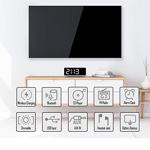 G Keni CD Player Boombox, Alarm Clock Radio, Bluetooth Speaker, Qi Wireless Charger, Digital FM Radio, MP3/USB Music Player, Dual Alarm, Snooze & Sleep Timer, Dimmable Mirror LED Display for Home - Thumbnail 3