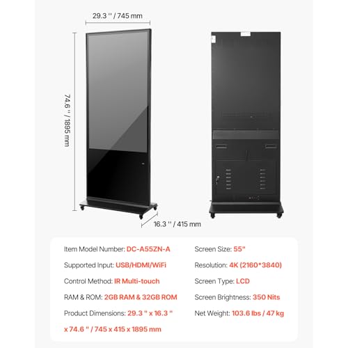 Image of Happybuy 55-Inch Digital Signage Display, Interactive Touchscreen Kiosk, Indoor Floor-Standing 4K UHD LCD Screen, 2GB RAM & 32GB Storage, WiFi /USB Connectivity, Commercial Advertising Solution