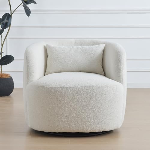 KINWELL 34" Wide Sherpa Swivel Barrel Chair, No Assembly Round Boucle Upholstered Accent Chair Armchair Single Sofa Chair with Toss Pillow for Living Room and Bedroom, Beige