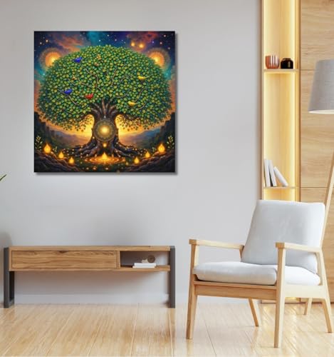 Image of Kunj Cart Kalpavriksha Tree Painting | 8+ DESIGNS | Kalpvriksh Tree Wall Painting | Lucky Tree Wall Art For Living Room, Bedroom and Office Decor | Canvas Painting for Wall Decoration (Design - D, 12x12 Inch, Framed)