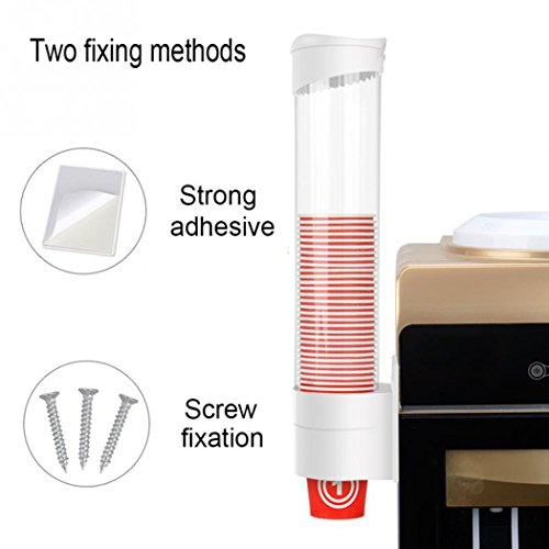 Samhe Cup Dispenser Medium Pull Type, Paste Or Screw Plate Mountable Cup Holder, Fits 5Oz - 7Oz Cone Or Flat Bottom Cups, 16” Tube Length, Mounting Water Dispenser Cooler Or Wall (Medium, White) #TOP2