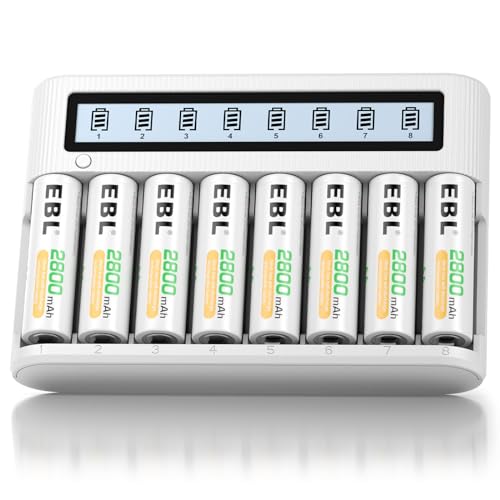 EBL LCD Chargeur de Piles Rechargeables Rapide- avec 8PCS AA 2800mAh Piles Rechargeables, Charge Rapide 5V/2A, avec Fonction de Décharge