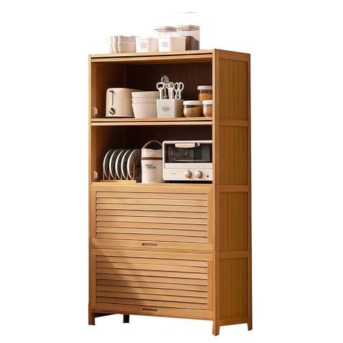 Armario de madera de varios niveles, diseño de persiana, unidad de almacenamiento independiente para cocina y entrada, versátil organizador de despensa y zapatos, altura 138 cm