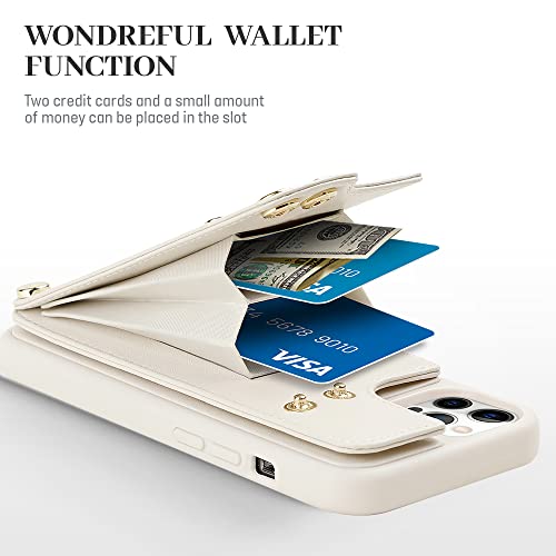 Lameeku Magsafe Wallet Case Crossbody Leather Case With Card Holder 360°Rotation Ring Kickstand With Mirror For Apple Iphone 12 Pro/ 12 6.1'' Beige #TOP3