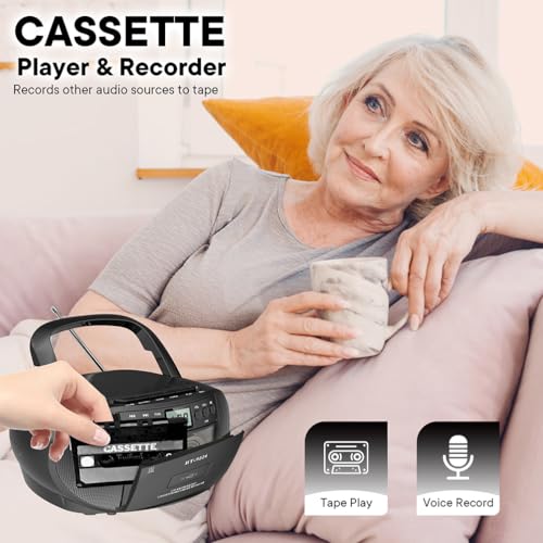 Przenośny radioodtwarzacz kasetowy CD, głośnik Bluetooth, odtwarzanie USB, radio AM/FM, przenośny Boombox z pilotem zdalnego sterowania, zasilanie sieciowe / bateryjne