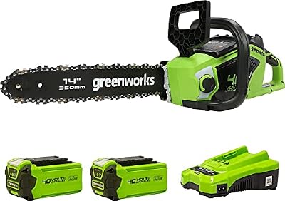 Greenworks GD40CS15K2X Motosierra a Batería, Motor sin Escobillas, Largo de Barra 14 Pulgada (35cm), Velocidad de Cadena 12 m/s, 3,5 kg, Protección de Retroceso, 2 x Baterías 40V 2Ah y Cargador