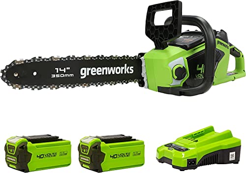 Greenworks GD40CS15K2X Akumulatorowa pilarka łańcuchowa z silnikiem bezszczotkowym, długość ostrza 35 cm, szybkość 12 m na s, 3,5 kg, olejarka, ochrona przed odrzutem, 2 baterie 40 V 2 Ah i ładowarka