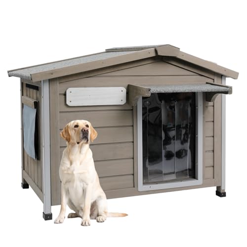 PetsCosset 30.1\" L Large Dog House Outdoor & Indoor,Fir Wood Dog Kennel with Weatherproof Openable Asphalt Roof,Spacious Doghouse with Anti-Chewing Metal Edges for Small & Medium & Large Dogs,Grey