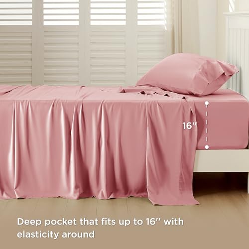 Image of Bedsure Cooling Sheets Twin, Rayon Derived from Bamboo, PureWoven, Breathable & Soft Twin Sheets Set, Deep Pocket Up to 16 Inches, Hotel Luxury Silky Bedding for Hot Sleepers, Blush Pink