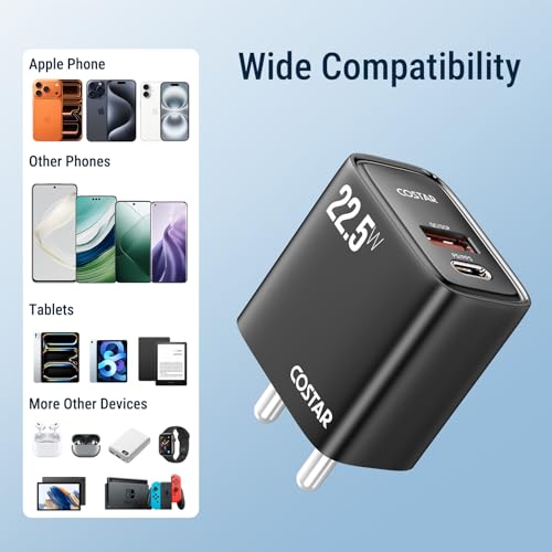 Image of COSTAR Original 22.5W Dual Port Charger(USB & Type C) with Type C to C Cable, Fast Charger,Compatible with Samsung Galaxy(Ultra /+ /Fe, S /Z /A /M /F All Series), iPhone & Type-C Devices(Black)