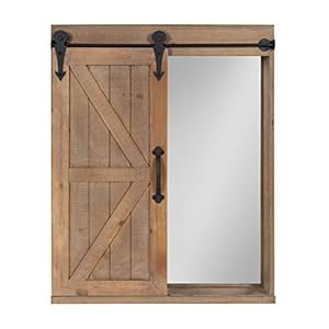 Kate and Laurel Cates Decorative Wood Wall Storage Cabinet with Rectangle Mirror and Sliding Barn Door 22 x 28 Rustic Brown Farmhouse Decor for Wall Storage