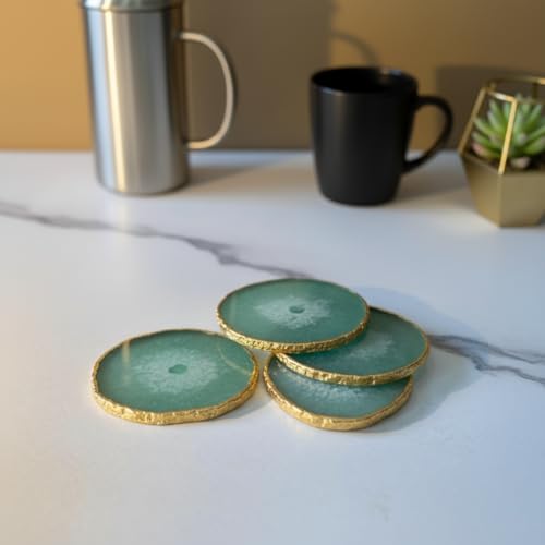 Image of Natural Agate Stone Tea Coasters Set | Premium Stone Coasters for Tea, Coffee & Glass | Heat Resistant Coasters for Dining Table, Office Desk & Home Decor | Pack of 4 | Color -Green