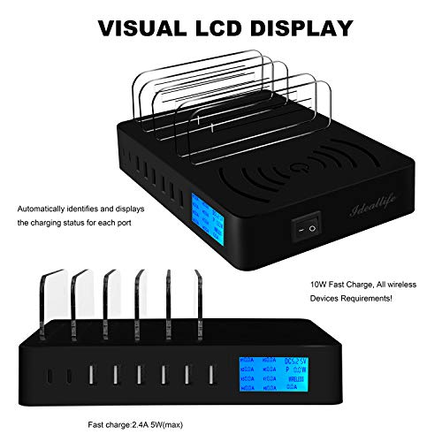 Ideallife Upgrade Wireless Charging Station For Multiple Devices 9-In-1 Lcd Display Qc 3.0 Fast Charging Dock Organizer With 8 Usb Port 10W Qi Wireless Charging Pad Compatible With Iphone Ipad Samsung #TOP1