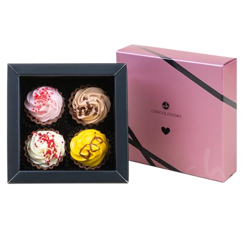 CHOCOLISSIMO - Liebes Geschenk aus Schokolade - Pralinen in Cupcake Form - 4 Stück, mit Alkohol - Jahrestag, Geburtstag, Geschenke für Frauen, Mama, Freundin, Muttertag, Shoko Frauentag Ostern Herz