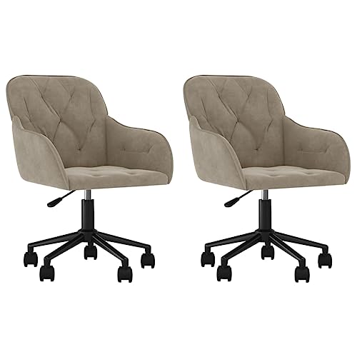 KGFHERENB Juego de 2 sillas de comedor giratorias, altura ajustable con ruedas, terciopelo gris claro, cómoda silla tapizada con reposabrazos para comedor, salón, oficina en casa, soporta hasta 110 kg