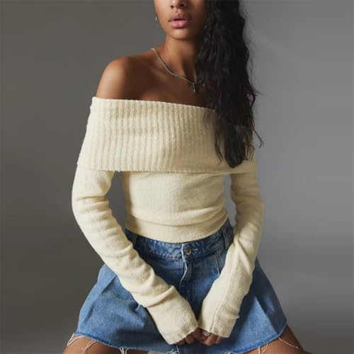 Image of Women Off The Shoulder Sweater Y2k Long Sleeve Boat Neck Knit Cropped Pullover Tops Fall Trendy Going Out Streetwear