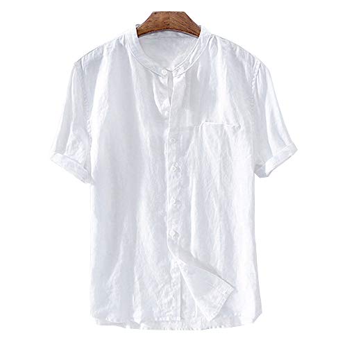 Camisas Europeas y Americanas de los Hombres de Manga Corta Suelta de Verano sección Delgada de algodón Transpirable y Lino Camisa de Cuello Alto Camisa Casual de Playa para Hombres