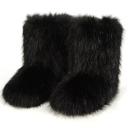 JIANCHIBUXIE Furry Faux Fur Boots for Women Winter Fuzzy Fluffy Snow Boots for Woman Fur Lined Mid Calf Black Brown Fur Boots y2k (black 7.5)