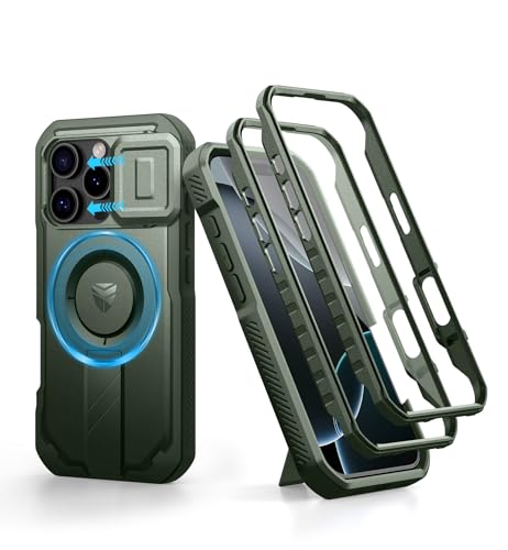 Image of Dexnor for iPhone 16 Pro Case with Slide Camera Cover&Adjustable Kickstand & Built-in Screen Protector,Compatible Wireless Charging Shockproof Cases Heavy-Duty Magnetic Protective Cover,Army Green