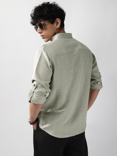 Image of Urbano Fashion Men's Linen Blend Full Sleeve Relaxed Fit Mandarin Collar Casual Solid Shirt