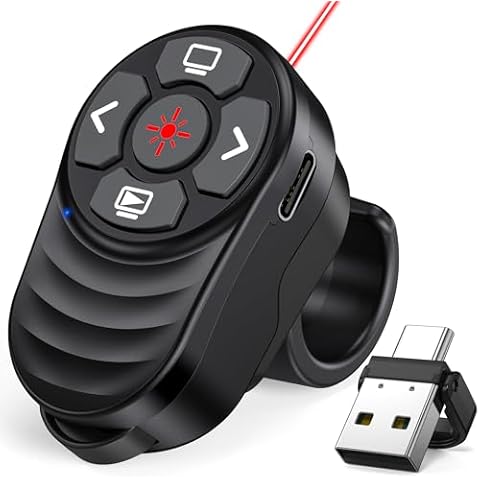 Rechargeable 2-in-1 USB Type C Wireless Presentation Clicker, Finger Ring Clicker Powerpoint Clicker with Red Light & Volume Control, Wireless Presenter Remote Pointer for Slide MAC Computer PC Laptop Cover