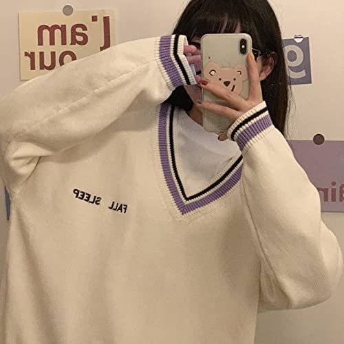 Image of Korean Women's Sweater Academy Style V-Neck Letter Pullover Women's Casual Loose Sweater